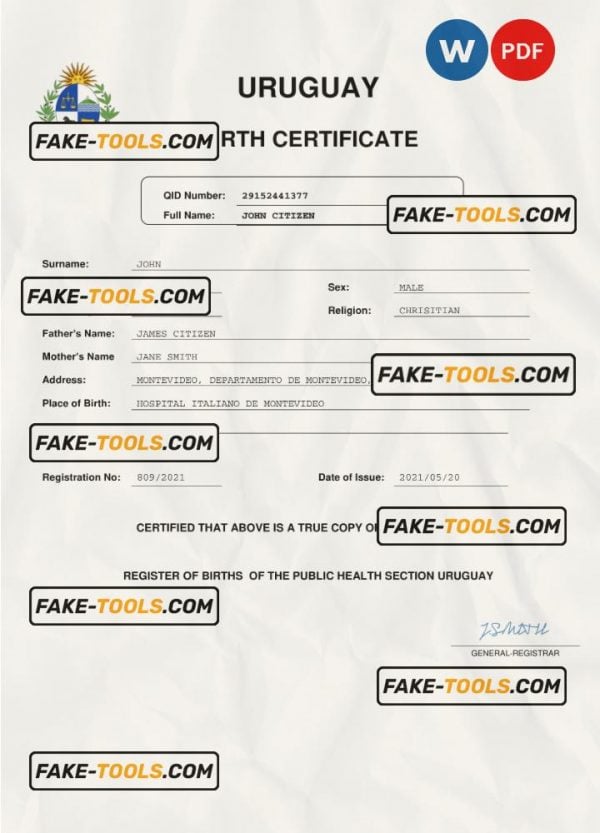 Uruguay vital record birth certificate Word and PDF template, completely editable