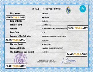 Uruguay vital record death certificate PSD template, fully editable