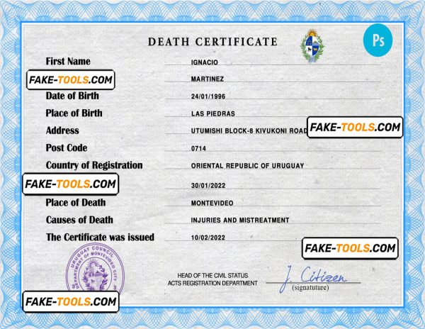 Uruguay vital record death certificate PSD template, fully editable