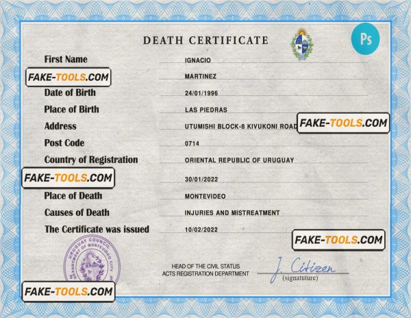Uruguay vital record death certificate PSD template, fully editable