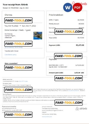 Uzbekistan Airbnb booking confirmation Word and PDF template