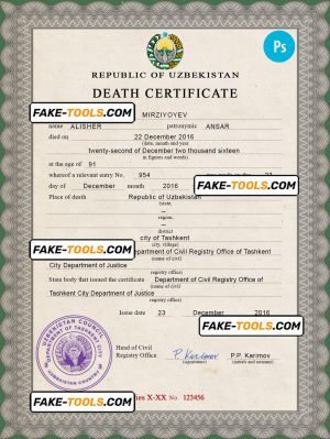 Uzbekistan death certificate PSD template, completely editable