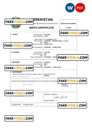 Uzbekistan vital record birth certificate Word and PDF template, completely editable