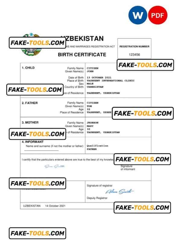 Uzbekistan vital record birth certificate Word and PDF template, completely editable