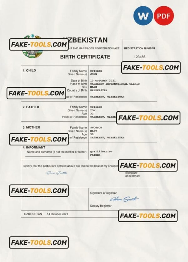 Uzbekistan vital record birth certificate Word and PDF template, completely editable