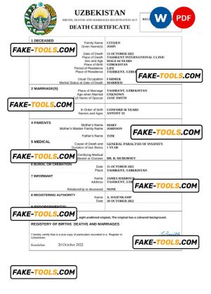 Uzbekistan vital record death certificate Word and PDF template