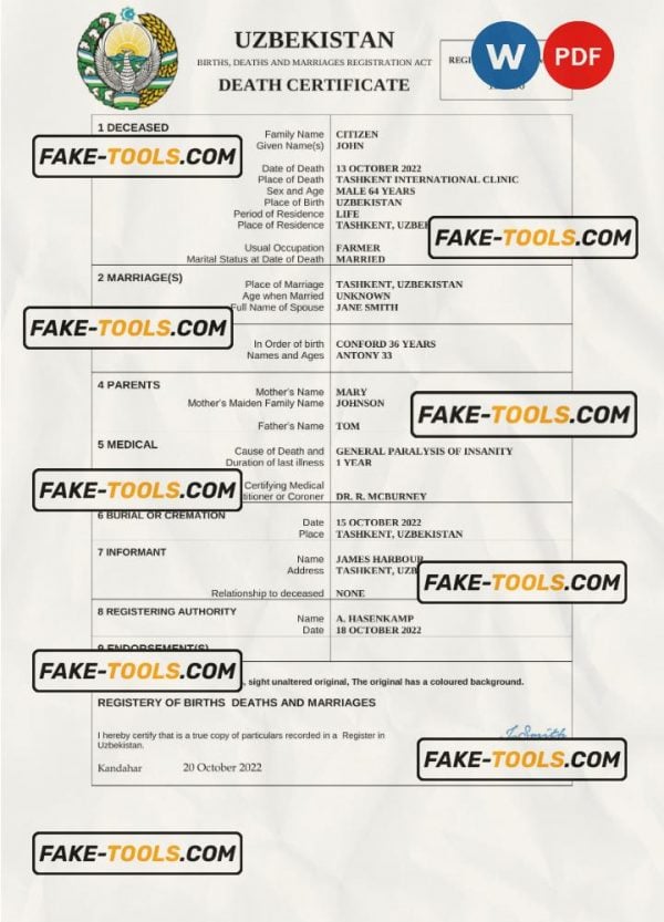 Uzbekistan vital record death certificate Word and PDF template