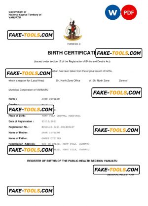 Vanuatu birth certificate Word and PDF template, completely editable