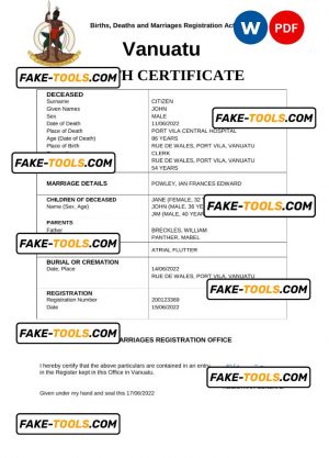 Vanuatu death certificate Word and PDF template, completely editable