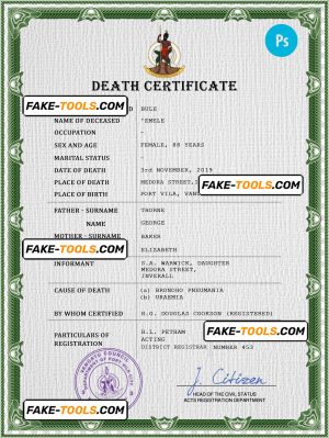 Vanuatu vital record death certificate PSD template, completely editable