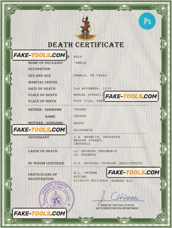 Vanuatu vital record death certificate PSD template, completely editable