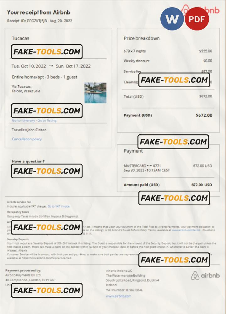 Venezuela Airbnb booking confirmation Word and PDF template scan effect