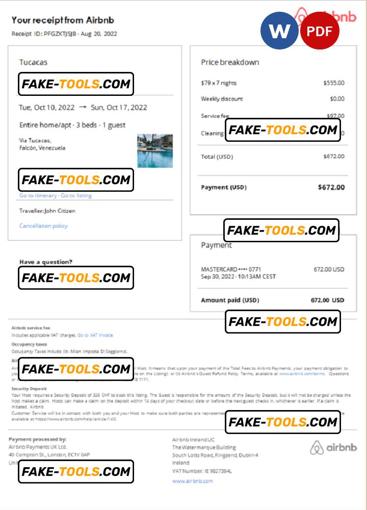 Venezuela Airbnb booking confirmation Word and PDF template