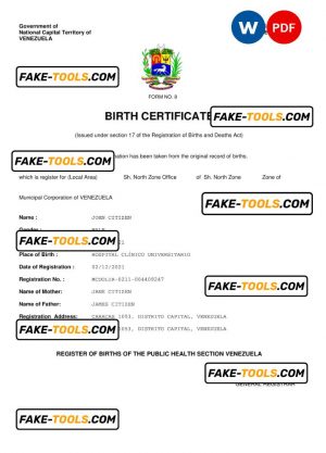 Venezuela vital record birth certificate Word and PDF template, completely editable