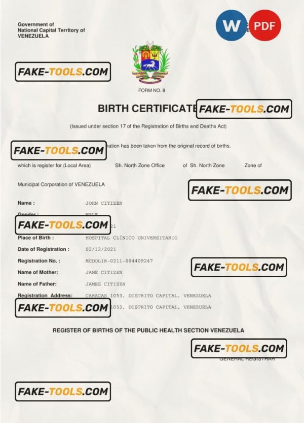Venezuela vital record birth certificate Word and PDF template, completely editable