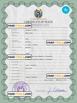 Venezuela vital record death certificate PSD template, fully editable