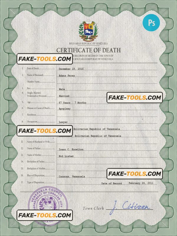 Venezuela vital record death certificate PSD template, fully editable