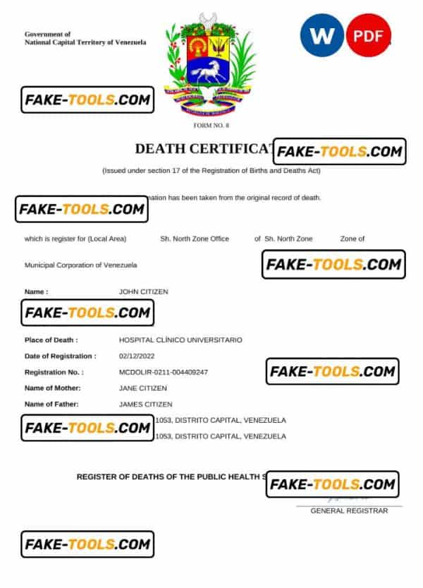 Venezuela vital record death certificate Word and PDF template