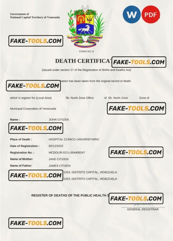 Venezuela vital record death certificate Word and PDF template
