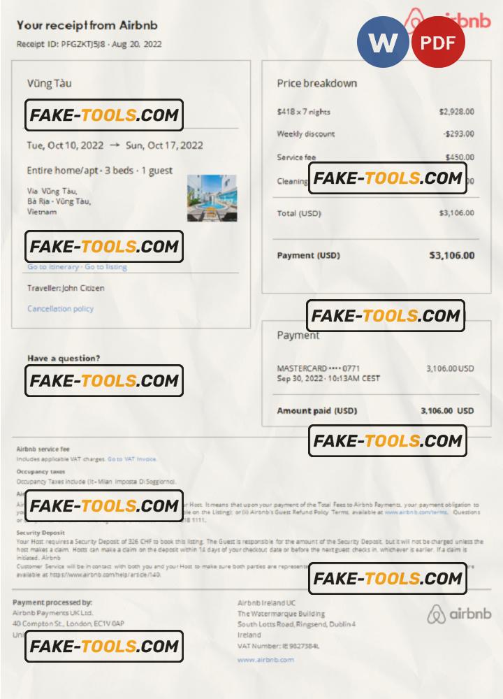 Vietnam Airbnb booking confirmation Word and PDF template scan effect