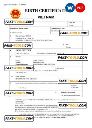 Vietnam birth certificate Word and PDF template, completely editable