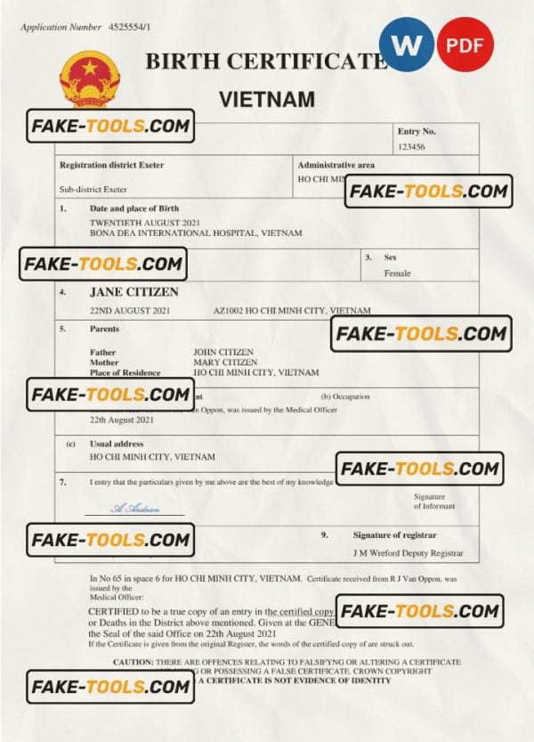 Vietnam birth certificate Word and PDF template, completely editable