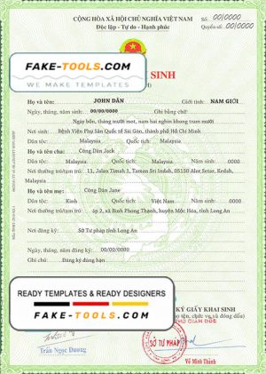 Vietnam birth certificate template in PSD format, fully editable