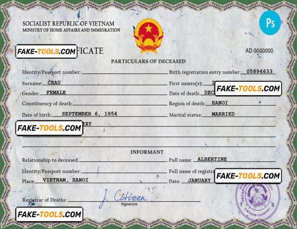 Vietnam death certificate PSD template, completely editable