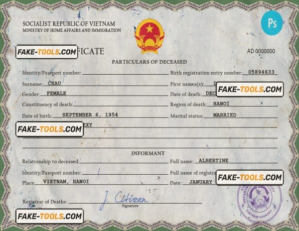 Vietnam death certificate PSD template, completely editable