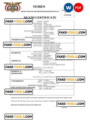 Yemen death certificate Word and PDF template, completely editable