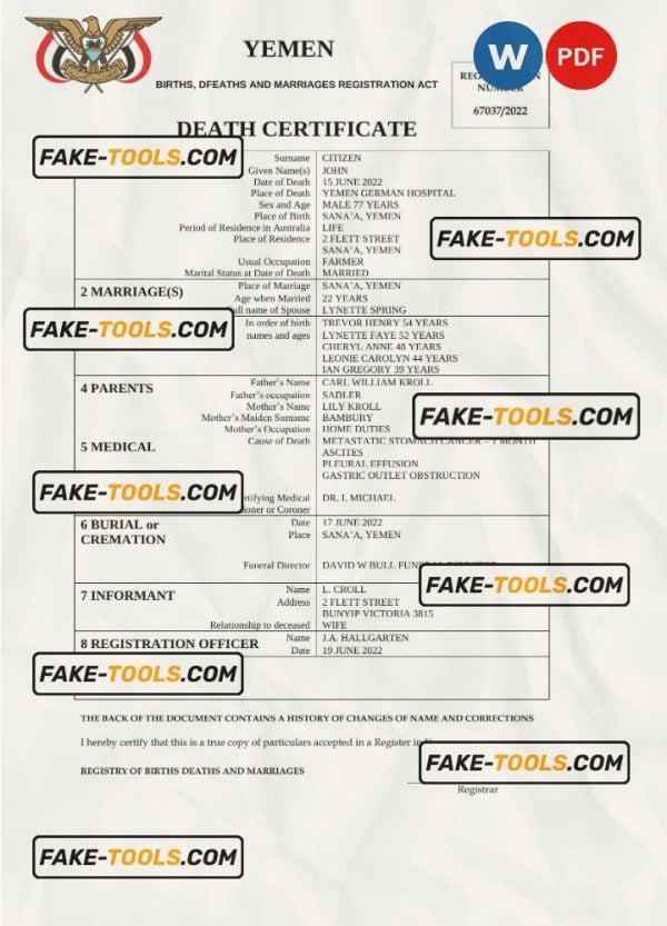 Yemen death certificate Word and PDF template, completely editable