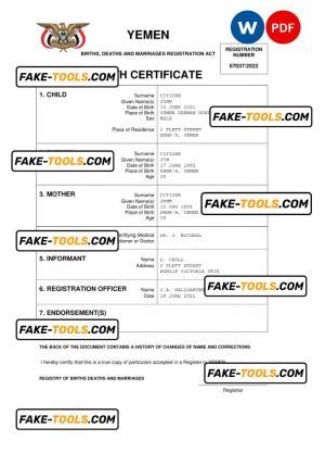 Yemen vital record birth certificate Word and PDF template, completely editable