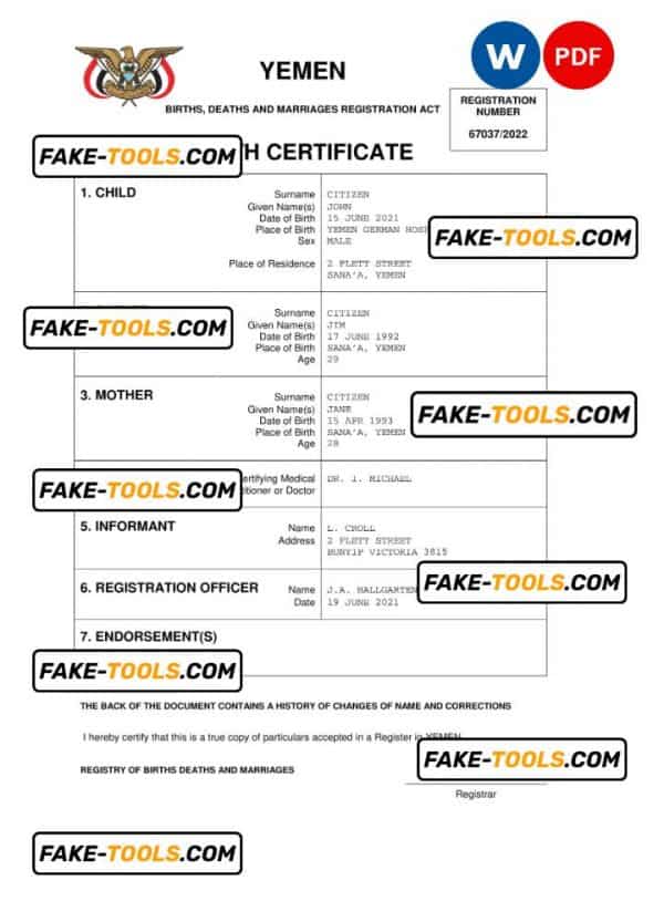 Yemen vital record birth certificate Word and PDF template, completely editable