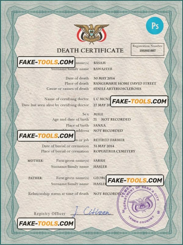 Yemen vital record death certificate PSD template, fully editable