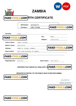 Zambia birth certificate Word and PDF template, completely editable