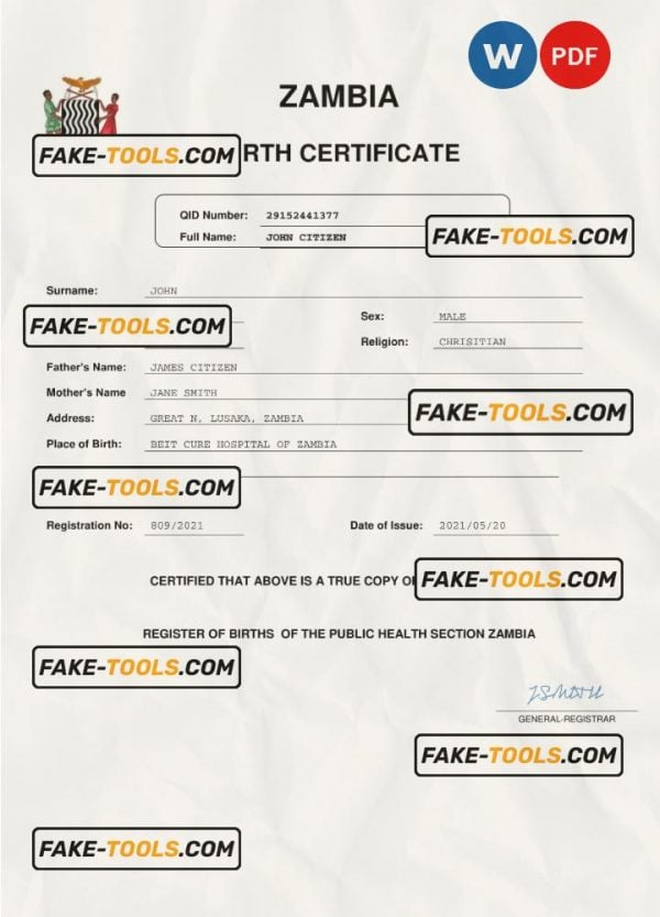 Zambia birth certificate Word and PDF template, completely editable