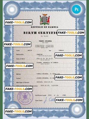 Zambia vital record birth certificate PSD template