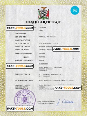 Zambia vital record death certificate PSD template