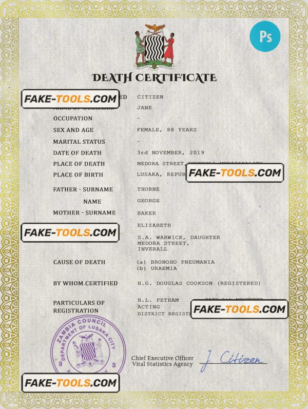 Zambia vital record death certificate PSD template