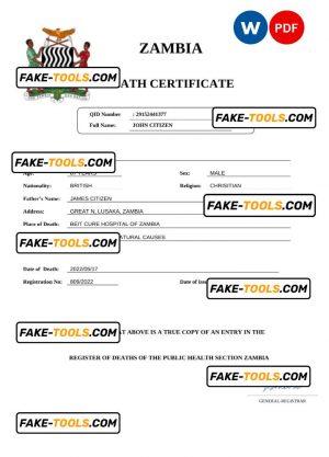 Zambia vital record death certificate Word and PDF template