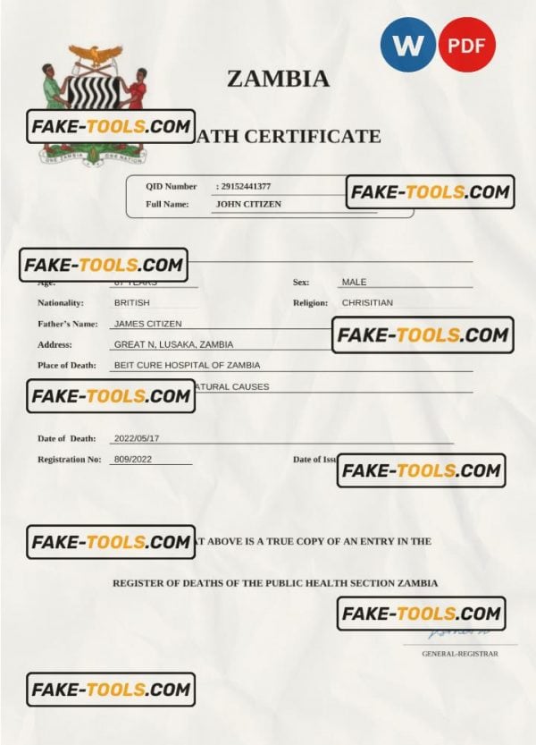 Zambia vital record death certificate Word and PDF template