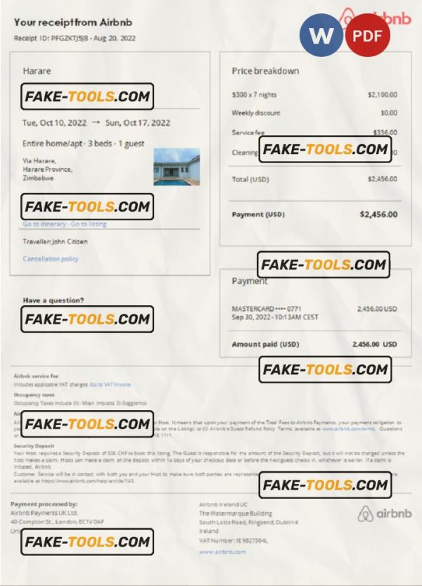 Zimbabwe Airbnb booking confirmation Word and PDF template scan effect