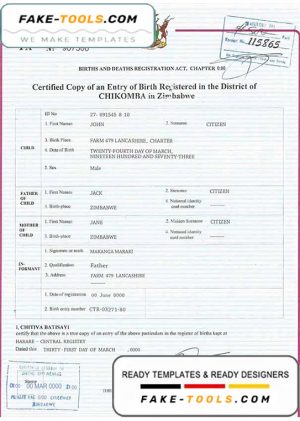 Zimbabwe birth certificate template in PSD format, fully editable
