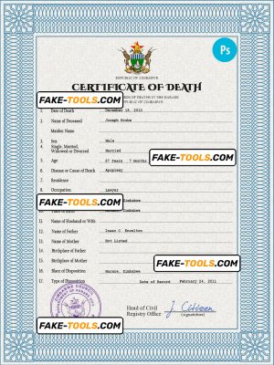 Zimbabwe death certificate PSD template, completely editable