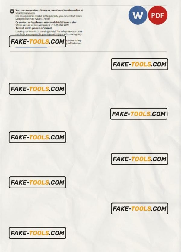 Zimbabwe hotel booking confirmation Word and PDF template, 2 pages