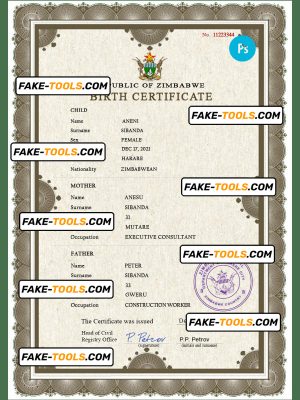 Zimbabwe vital record birth certificate PSD template