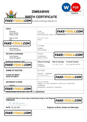 Zimbabwe vital record birth certificate Word and PDF template, completely editable