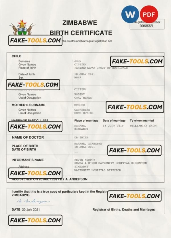 Zimbabwe vital record birth certificate Word and PDF template, completely editable