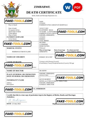 Zimbabwe vital record death certificate Word and PDF template