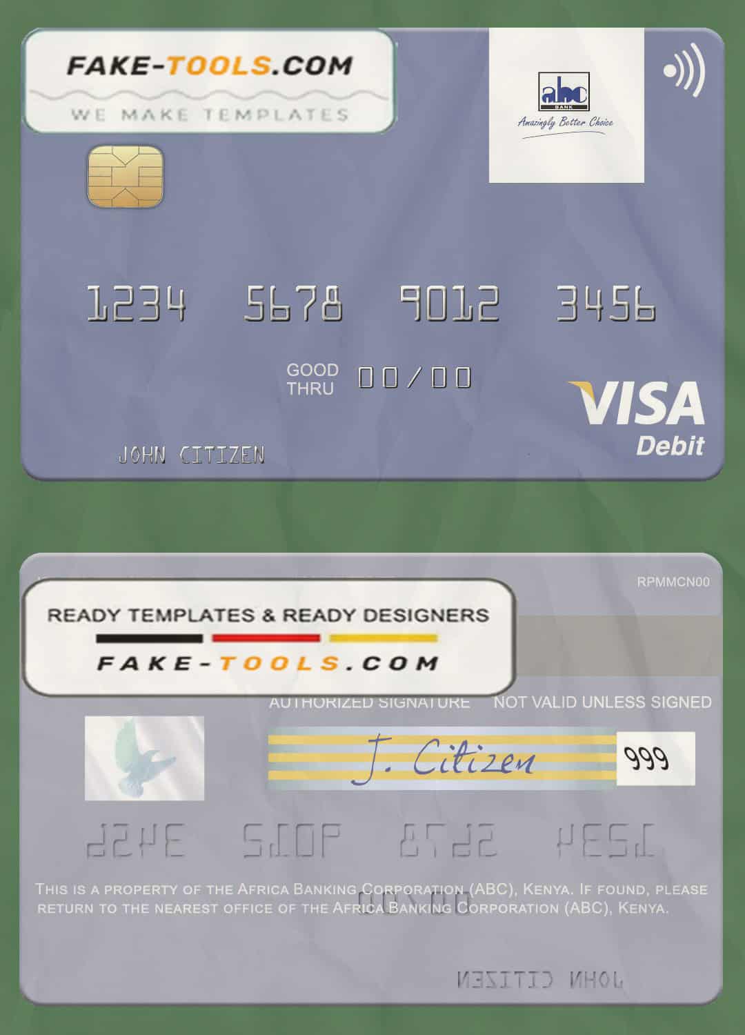 Africa Banking Corporation (ABC) Kenya visa card fully editable template in PSD format Africa Banking Corporation (ABC) Kenya visa card fully editable template in PSD format
